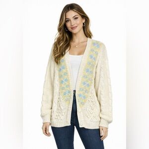 Vintage 80s Hand Knit Floral Cardigan Cottagecore Granny Knit Sweater M
